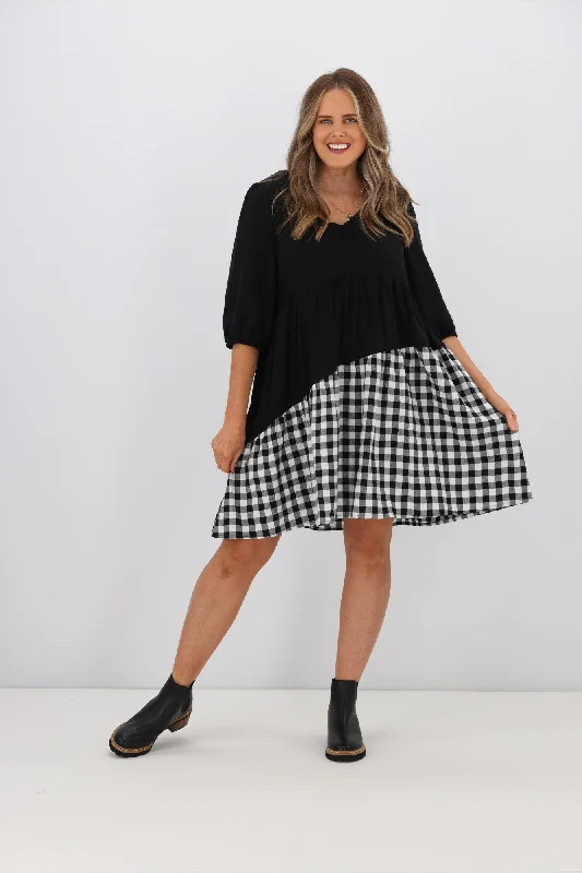 Silver Wishes Gingham Contrast Angle Tiered Dress Black