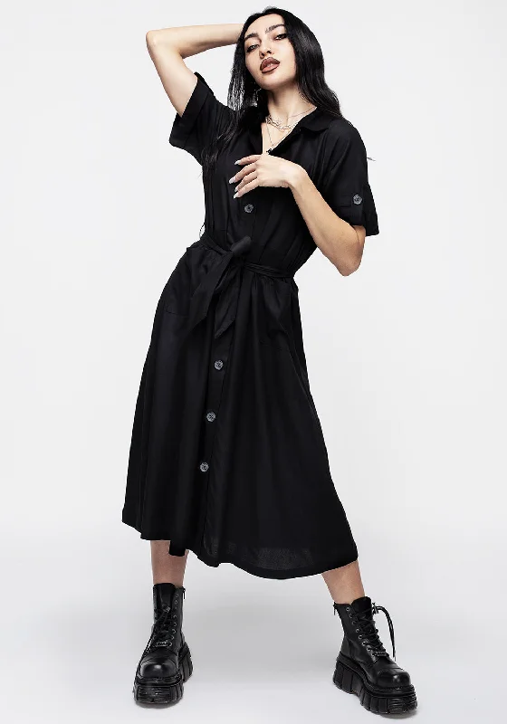 Maidenhair Midi Short Sleeve Shirt Dress - Midnight Black