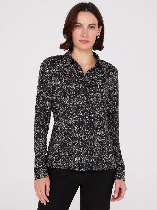 Floral Print Button-Front Classic Blouse