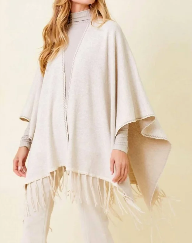 Blanket Stitch Detail Poncho With Fringe In Beige