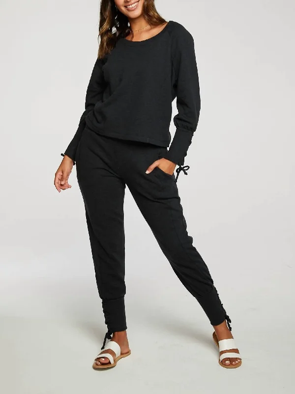 Cashmere Fleece Lace Up Blouson Sleeve Raglan Pullover In True Black