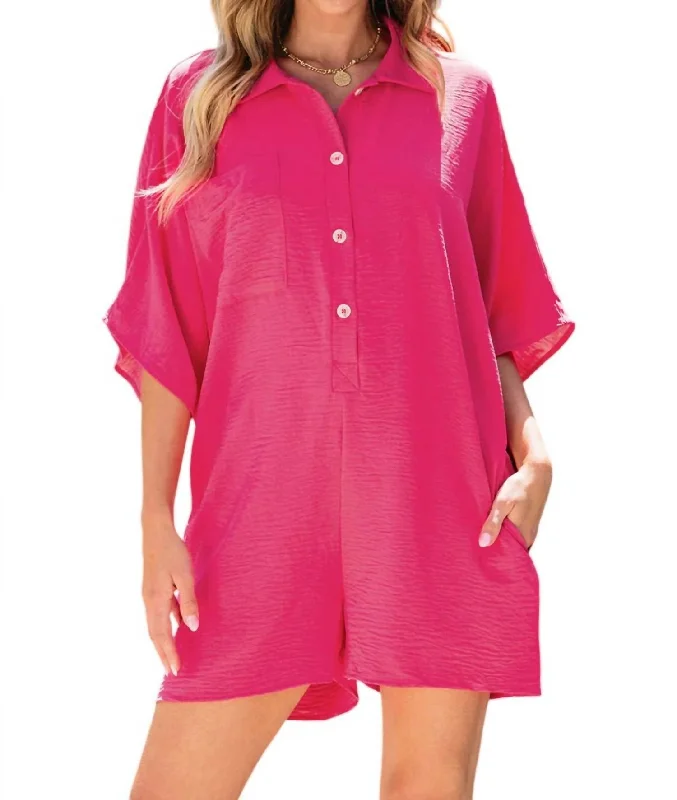 Half Button Collared Loose Romper In Hot Pink