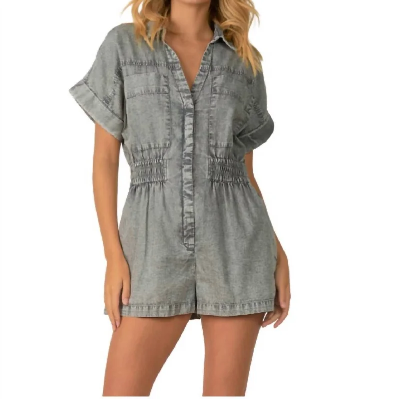 Teddie Smocked Romper In Grey Wash