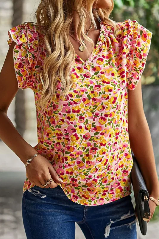 Foral Print Flutter Sleeve V Neck Tank Top