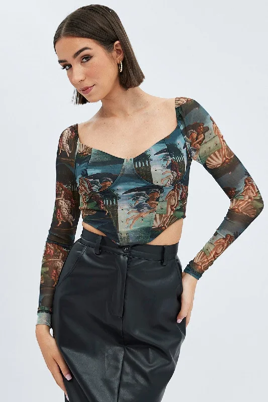 Multi Print Crop Top Long Sleeve Sweetheart Mesh Shirred