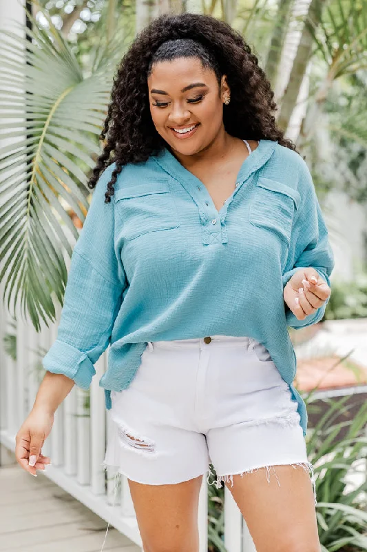 Unique Role Teal Pocketed Henley Gauze Blouse FINAL SALE