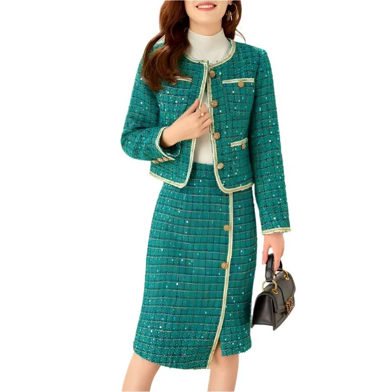 Checked Sequined Tweed Skirt Suit