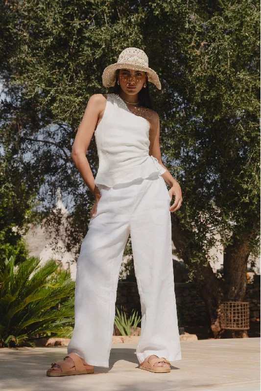 Guardian White Linen Viscose Pleat Front Wide Leg Pant