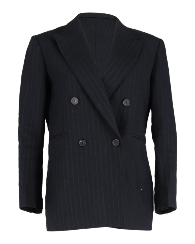 Sandro Paris Striped Double-Breasted Blazer in Navy Blue Cotton